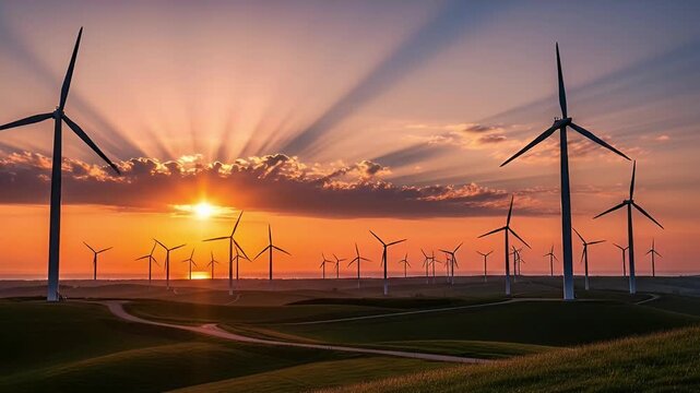 A breathtaking sunset or sunrise casts a warm, ethereal glow over a vast landscape dotted with numerous towering wind turbines. The blades of these modern energy generators are silhouetted against a d