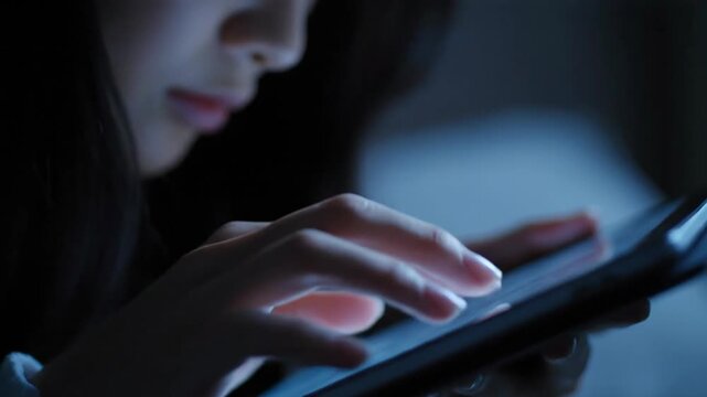 Person using digital tablet at night in dim ambient lighting