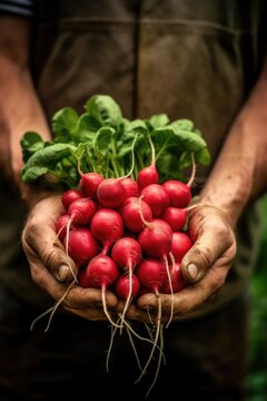 Freshly picked radishes in the hands of a farmer
