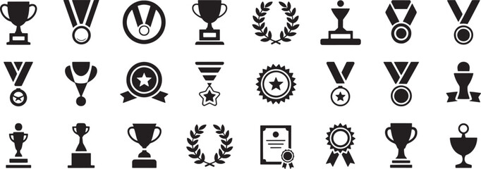 Collection of black and white icons showing awards and certificates