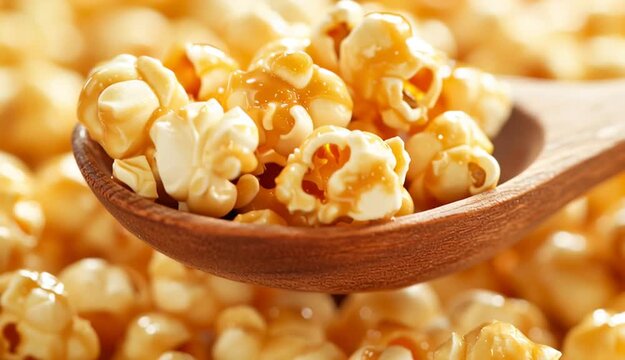 Caramel popcorn in a wooden spoon