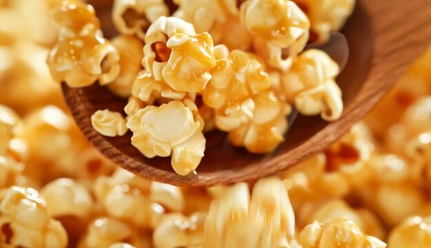Caramel popcorn in a wooden spoon