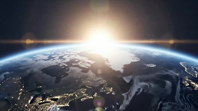 A breathtaking view of Earth from outer space, showcasing a magnificent sunrise over the planet's curvature. The glowing sun ascends above the horizon, casting a brilliant light across the atmospheric