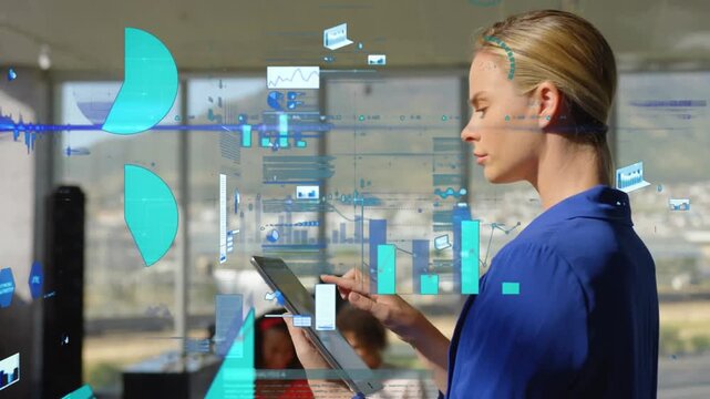 Animation of multiple graphs, database over caucasian businesswoman using digital tablet in office