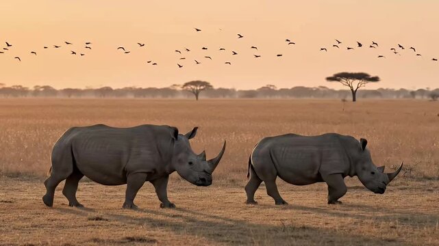 A breathtaking wide shot captures two majestic rhinoceroses gracefully walking across a vast, sun-drenched savanna landscape during either sunrise or sunset. The golden hour light bathes the dry, gold