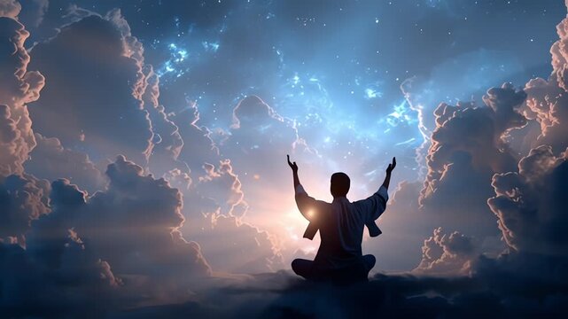 Man meditates in the sky clouds.