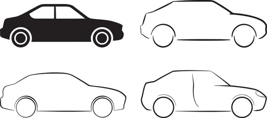 Four different car silhouettes and line drawings side views  transportation icons
