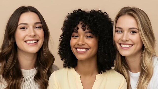 A captivating medium close-up features three diverse young adult women radiating genuine joy and warmth, all looking directly at the viewer with bright, authentic smiles. Their expressions convey a se