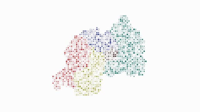 Rwanda animation. Shape of the country with pulsating colored dots. Small size rounded square blocks. Digital style Rwanda map on white background. Stylish video.