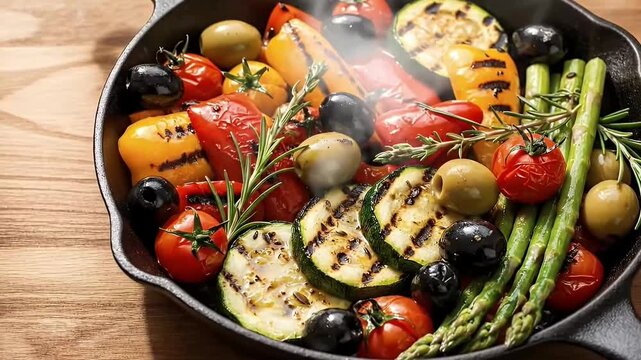 A close-up, high-angle shot captures a vibrant array of freshly grilled vegetables steaming in a rustic cast iron skillet, resting on a warm wooden surface. This appetizing and healthy composition fea