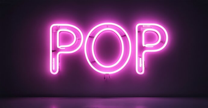 Bright pink neon sign spells POP against dark wall. Minimalist design, modern aesthetic, vibrant illumination. Simple, bold statement.