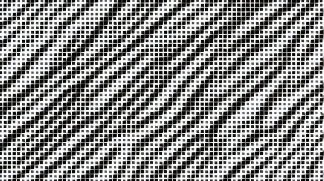 Abstract black and white pixelated wave pattern creating a dynamic visual effect. Ideal for backgrounds in digital media and artistic projects