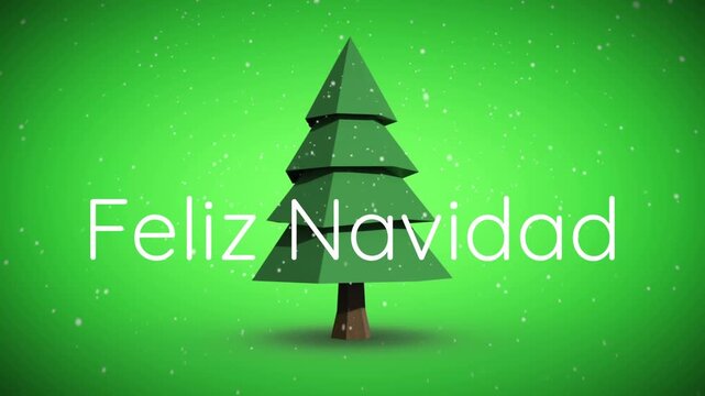 Animation of felix navidad text and snow fallling over spinning christmas tree on green background