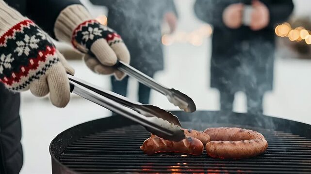 A close-up shot captures hands wearing warm, patterned winter gloves as they expertly use metal tongs to turn sizzling sausages on a glowing charcoal grill. Smoke rises gently from the hot embers, cre