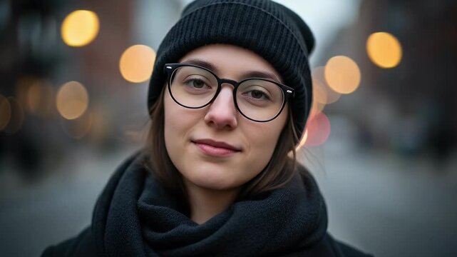 A compelling close-up portrait features a young adult woman gazing directly at the camera with an authentic, friendly expression. She is stylishly dressed in a black knit beanie, classic black-rimmed 