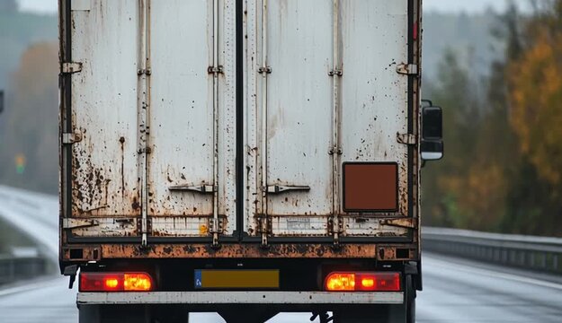 Rear view of weathered white cargo truck on highway, close-up of truck's back doors with metal latches and locks, dirty and aged metal surface with rust spots, red taillights illuminated
