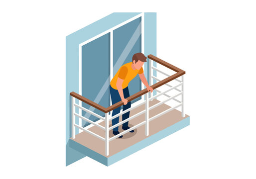 An isometric vector illustration shows a man in an orange shirt leaning heavily on a balcony's wooden railing, gazing downward while standing before a large glass sliding door on a light blue wall