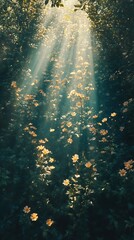 Fototapeta premium Sunlight filtering through foliage illuminates delicate blooms in serene nature scene