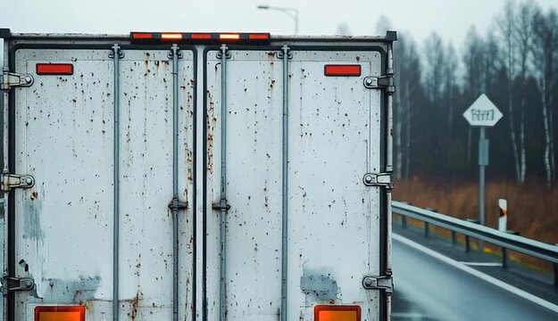 Rear view of weathered white cargo truck on highway, close-up of truck's back doors with metal latches and locks, dirty and aged metal surface with rust spots, red taillights illuminated
