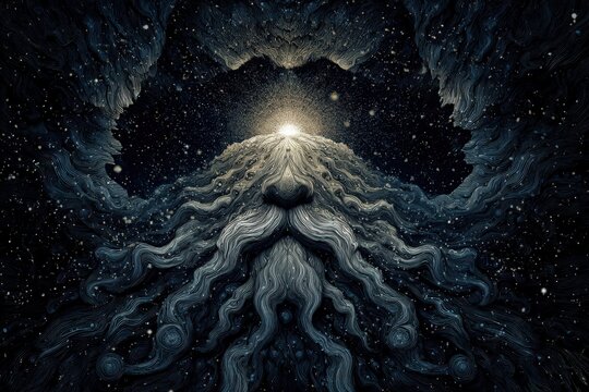 Cosmic bearded alien emerges from infinite nothingness in a scene blending artificial intelligence and technology with a sense of wonder and exploration