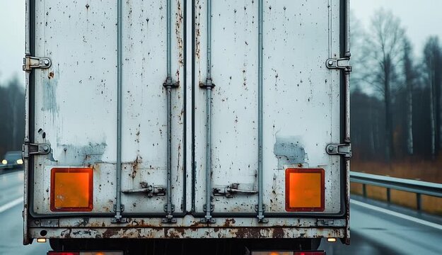 Rear view of weathered white cargo truck on highway, close-up of truck's back doors with metal latches and locks, dirty and aged metal surface with rust spots, red taillights illuminated
