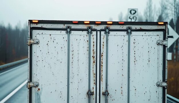 Rear view of weathered white cargo truck on highway, close-up of truck's back doors with metal latches and locks, dirty and aged metal surface with rust spots, red taillights illuminated
