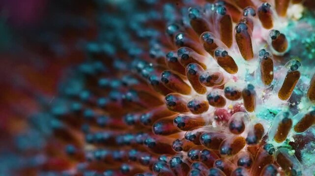 Amazing macro shot of clownfish eggs with visible embryo eyes, healing and cute orange fish spawn about to hatch on reef, representative of new life and hope