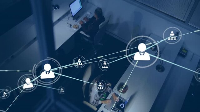 Animation of network of connections with icons over diverse business people in office