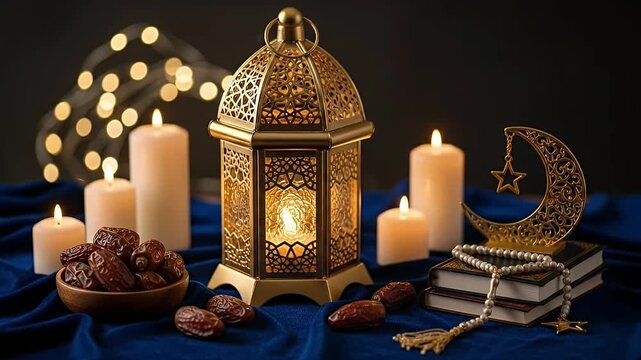 A golden, ornate lantern glows softly amidst flickering candlelight, casting a warm ambiance. Traditional elements including a bowl of dates, stacked classic books, prayer beads, and an elegant cresce
