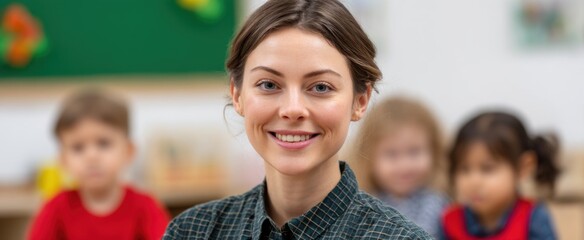 smiling preschool teacher enthusiastically interacting with cheerful children in a colorful classroom environment