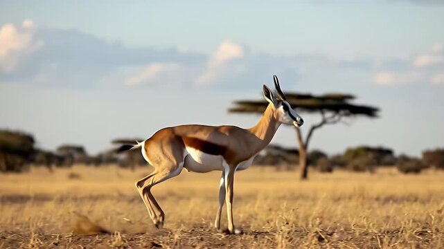 A magnificent gazelle-like antelope gracefully leaps and bounds across the expansive, sun-drenched savanna. The agile animal moves with effortless speed and elegance, its distinctive brown, white, and