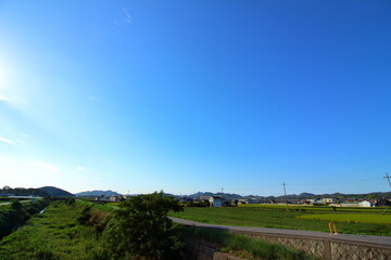 晴れ渡れる青と田舎の緑の風景