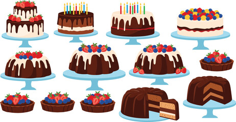 Large collection of various chocolate and fruit cakes on stands including bundt cakes tiered cakes and tarts for birthday and celebration events. © MstRozinaAkter