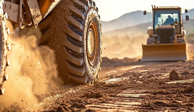 Heavy road grader construction machinery working on dirt road surface, close-up of large tire treads and blade, second grader machine visible in background, desert or arid landscape with mountains