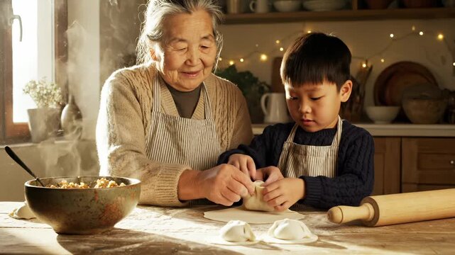 Grandmother teaches boy making dumplings in kitchen together. Senior woman helps grandson cooking dumplings. Boy learns making dough with grandmother. Family cooking dumplings at home kitchen.