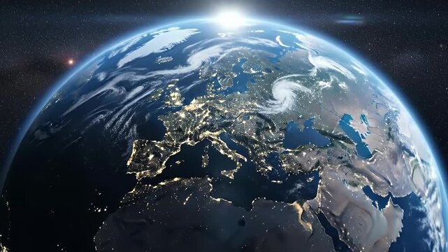 A majestic aerial view of the illuminated planet from high orbit, showcasing the stunning contrast between the sunlit and nighttime hemispheres. Bright city lights densely speckle continental landmass