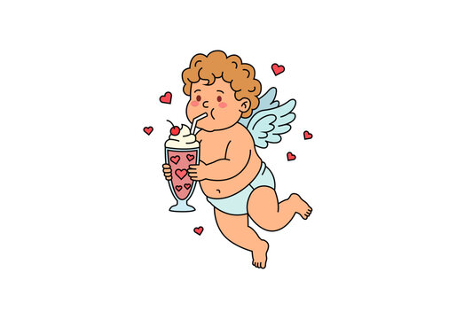Cupido bebiendo un batido con nata y cereza rodeado de corazones