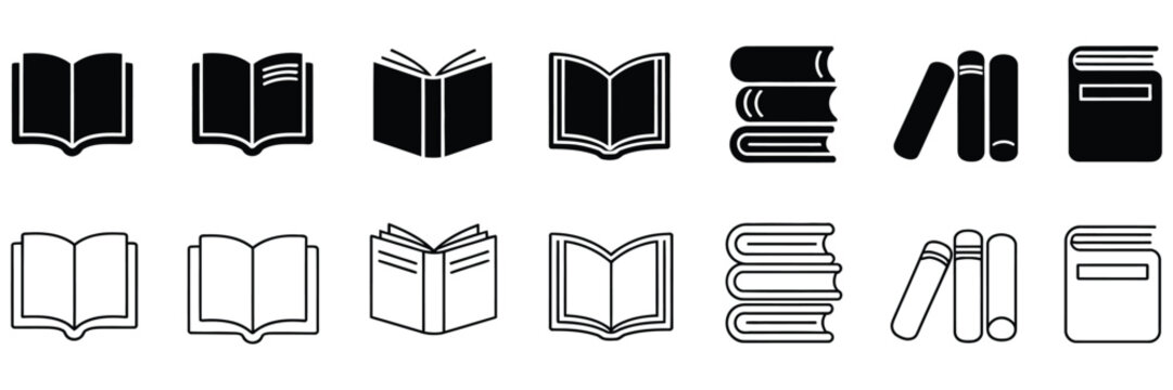 book icon set black outline and glyph library education symbols.