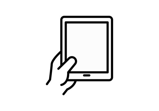 Icono de mano sosteniendo una tableta digital en trazo lineal negro 