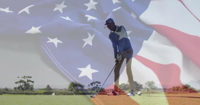 On golf course, golfer preparing swing with American flag animation overlay