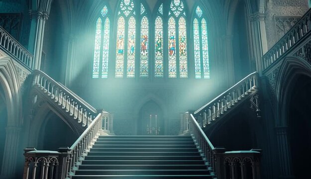 Grand gothic cathedral interior with symmetrical curved double staircase, ornate stone balustrades, tall pointed arch stained glass windows, dramatic light rays streaming through windows