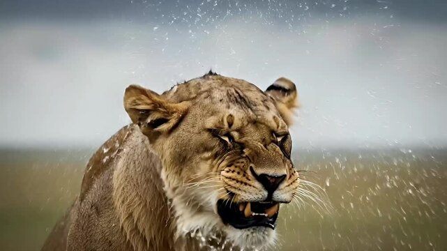 A majestic lioness stands powerfully amidst a natural, open landscape as rain gently falls, creating glistening droplets on her fur. The big cat opens her mouth wide, revealing sharp teeth and a stron