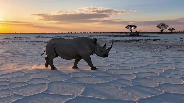 A majestic rhinoceros walks purposefully across a vast, parched landscape during the golden hour, kicking up dust with each step. The powerful creature traverses the expansive, cracked earth under a d