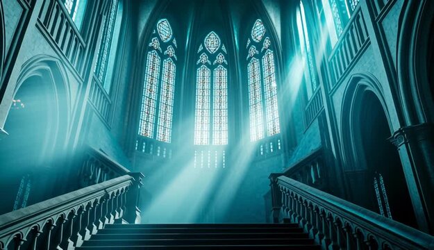 Grand gothic cathedral interior with symmetrical curved double staircase, ornate stone balustrades, tall pointed arch stained glass windows, dramatic light rays streaming through windows