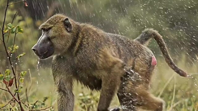 A majestic wild primate, likely a baboon, navigates through a downpour in its natural habitat. Heavy raindrops cascade over its dense, wet fur, creating a striking visual as water drips from its face 