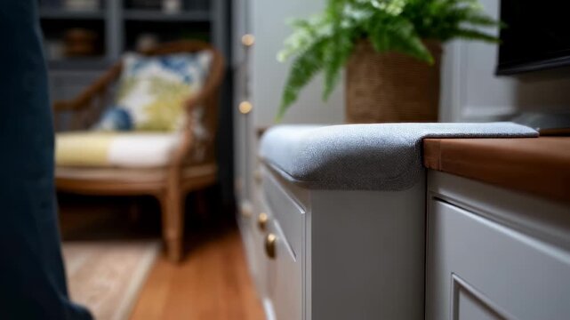 Image of a cushioned corner protector on a low cabinet capturing the safety accessory sharply while keeping the rest of the living space in gentle focus.