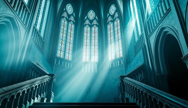 Grand gothic cathedral interior with symmetrical curved double staircase, ornate stone balustrades, tall pointed arch stained glass windows, dramatic light rays streaming through windows