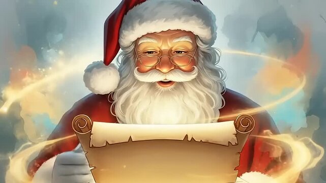 Santa Claus Reading a Scroll with Magical Glow.