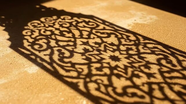 A mesmerizing close-up shot of an intricate, decorative shadow pattern cast by warm sunlight onto a textured, sandy surface. The elegant, filigree design creates a beautiful interplay of light and dar
