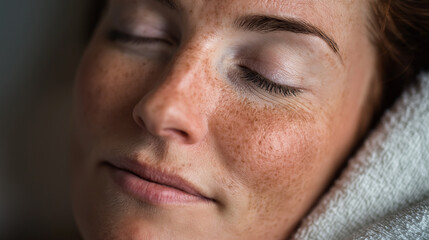 Obraz premium Close-up of a peaceful woman with freckles, eyes closed in deep relaxation during a spa or beauty treatment, wearing a soft grey towel around her head.
